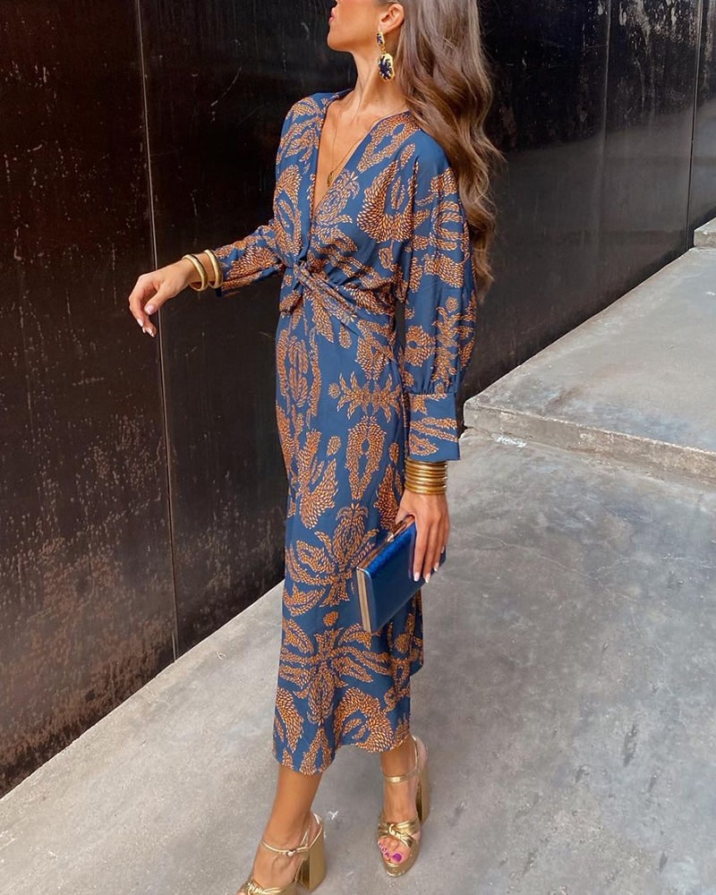 Printed A-Line Maxi Dress - Blue