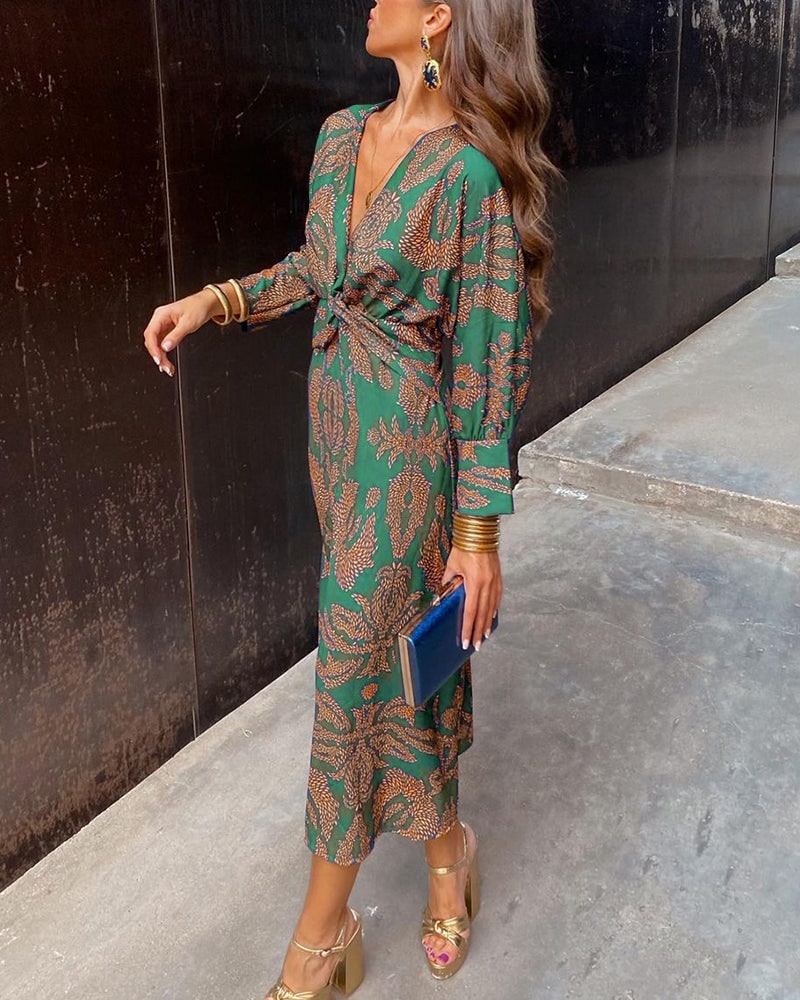 Printed A-Line Maxi Dress - Green
