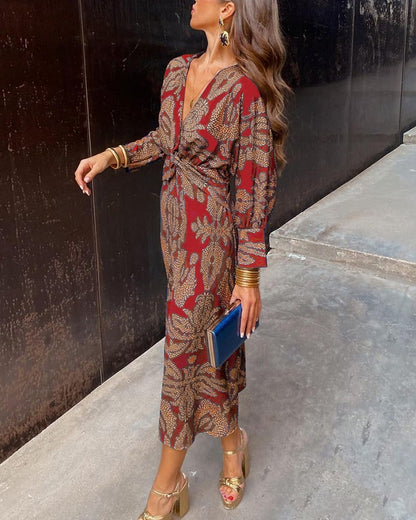 Printed A-Line Maxi Dress - Red