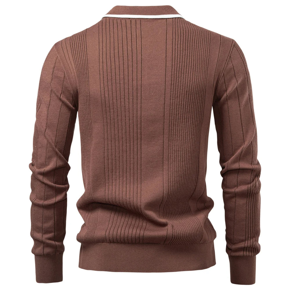 Ribbed Knit Long Sleeve Polo Shirt for Men