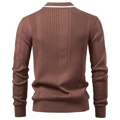 Ribbed Knit Long Sleeve Polo Shirt for Men