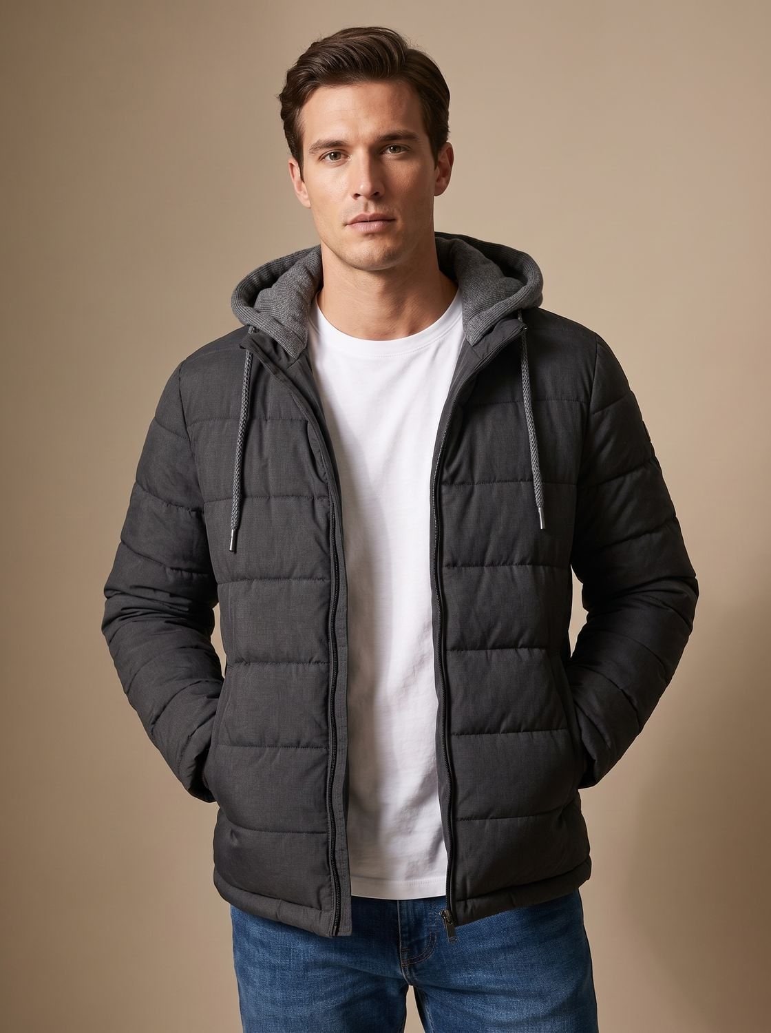 Quilted Hooded Puffer Jacket - Gray