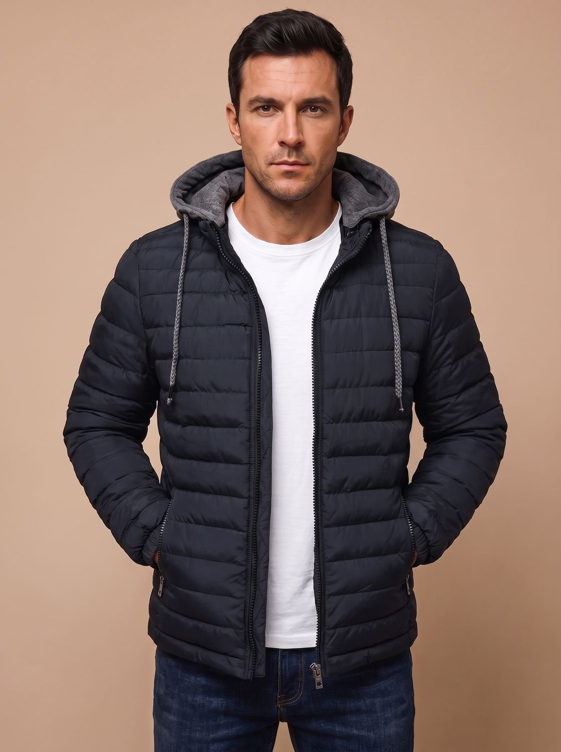 Quilted Hooded Puffer Jacket - Navy Blue