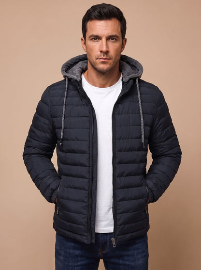 Quilted Hooded Puffer Jacket - Navy Blue