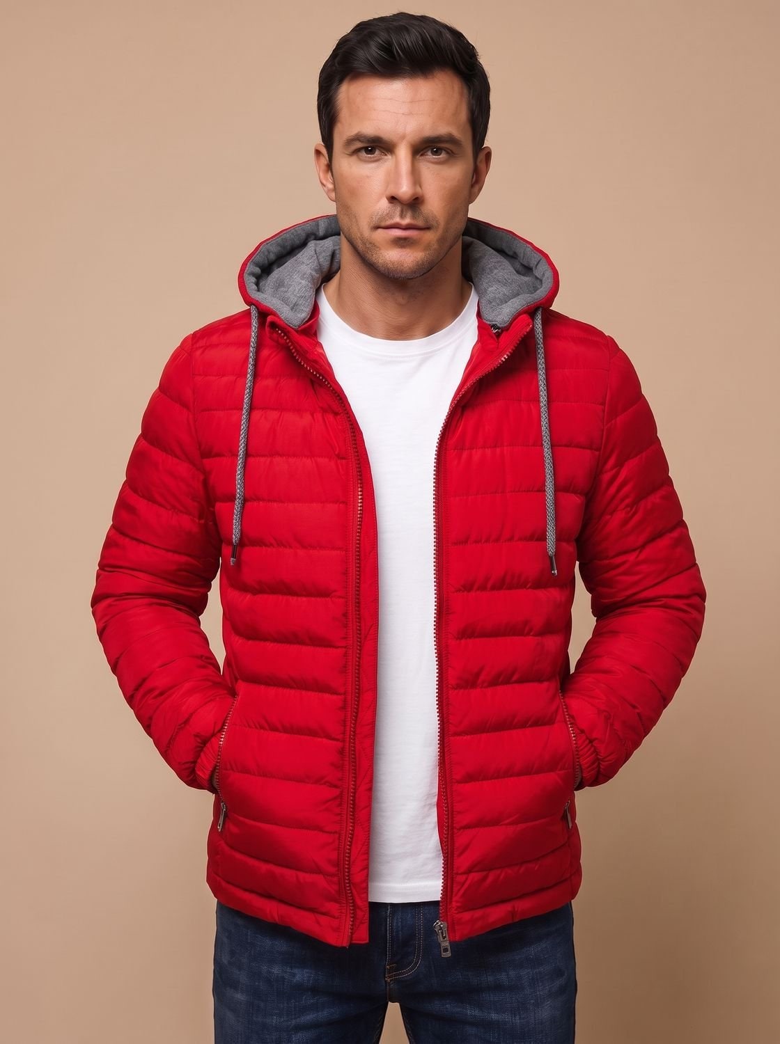 Quilted Hooded Puffer Jacket - Red