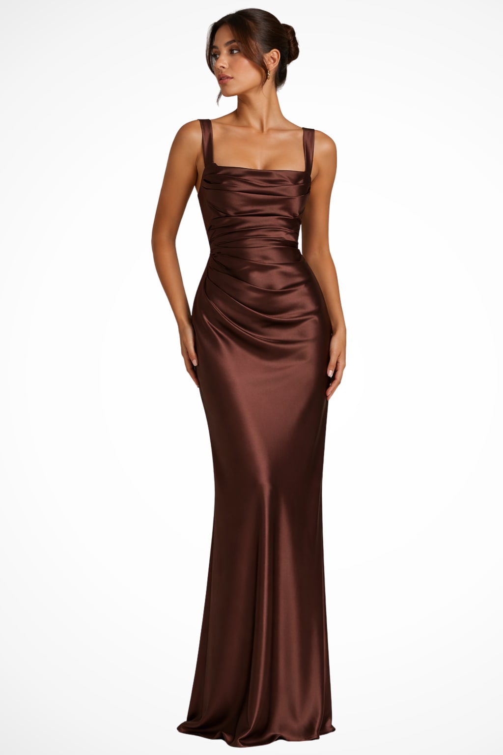 Satin Wedding Guest Dress - Brown
