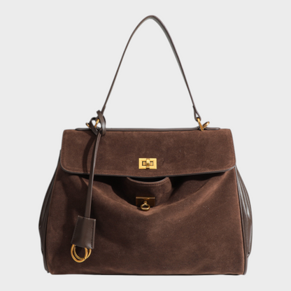 Soft Leather Handbag - Suede Dark Brown x Leather
