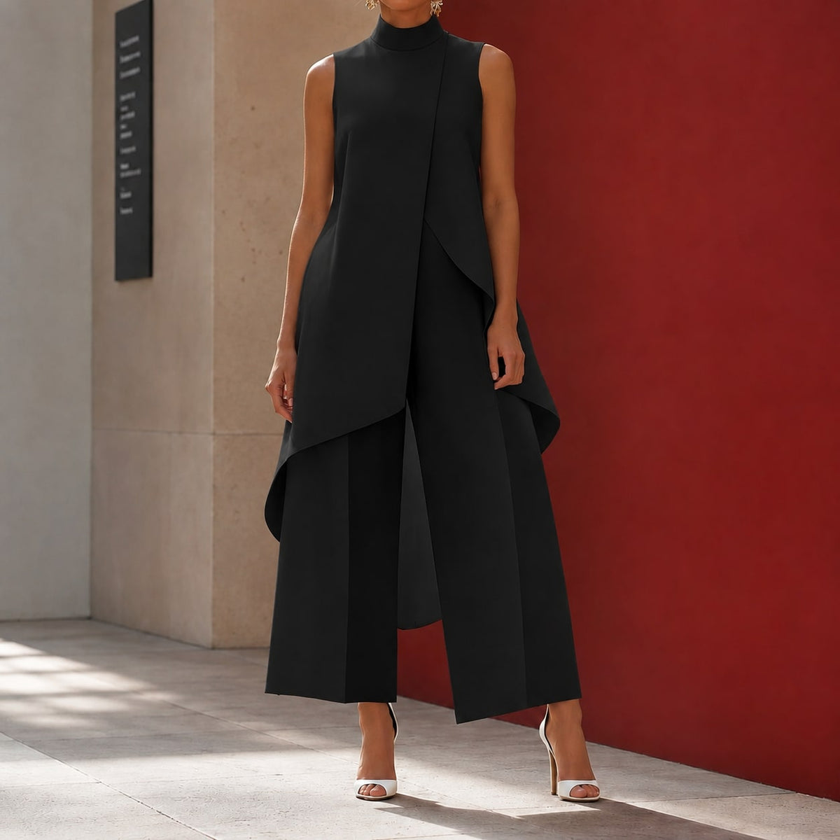Sonia-Pearl Asymmetric Pants Set for Women - Black