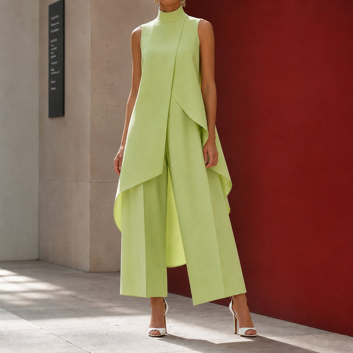 Sonia-Pearl Asymmetric Pants Set for Women - Daiquiri Green