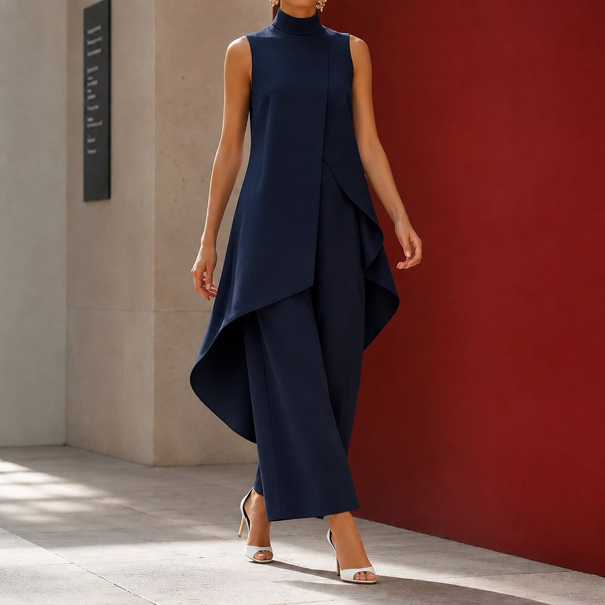 Sonia-Pearl Asymmetric Pants Set for Women - Navy