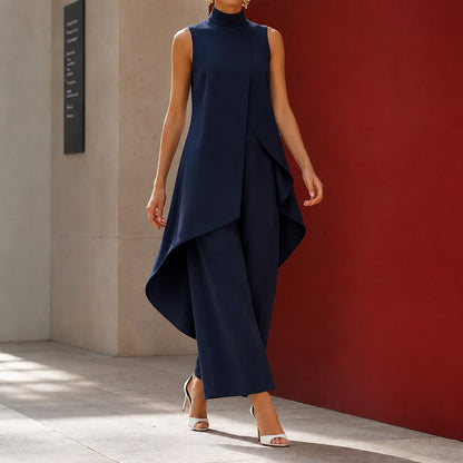 Sonia-Pearl Asymmetric Pants Set for Women - Navy