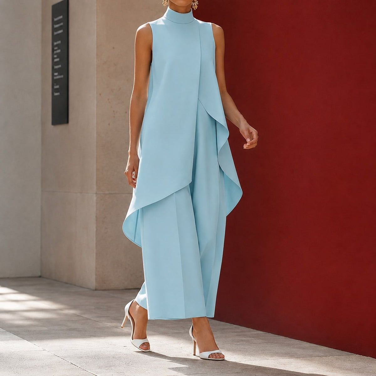 Sonia-Pearl Asymmetric Pants Set for Women - Sky Blue