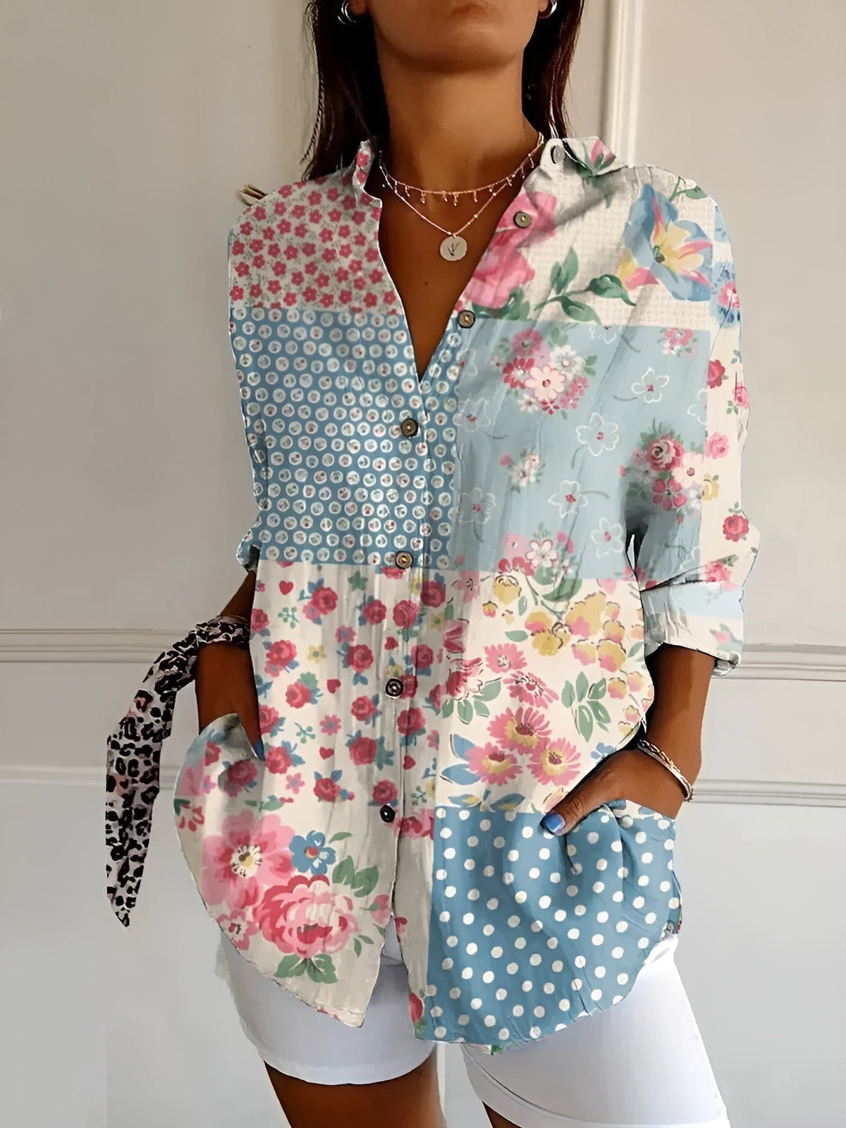 Split Neck Abstract Print for Women - Blue