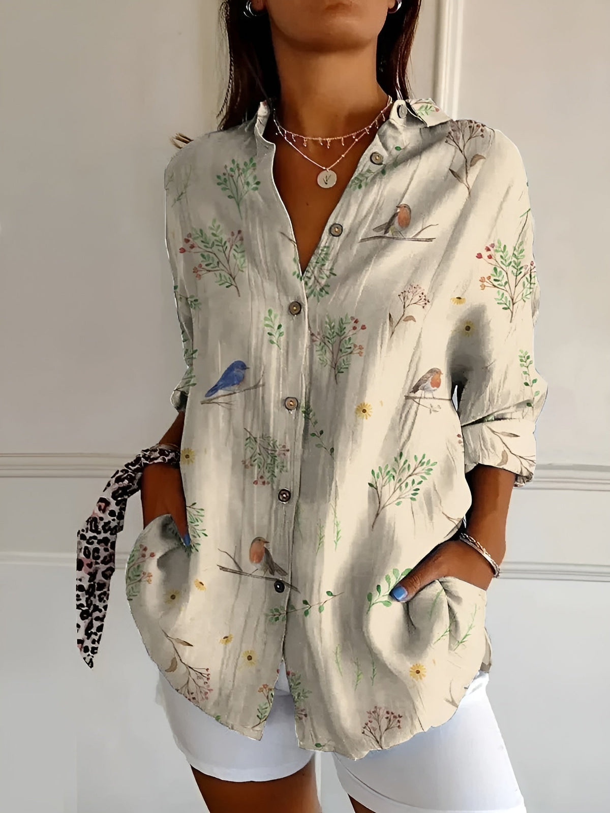 Split Neck Abstract Print for Women - Khaki