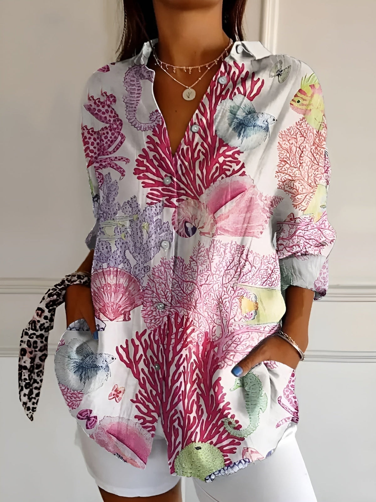 Split Neck Abstract Print for Women - Pink A