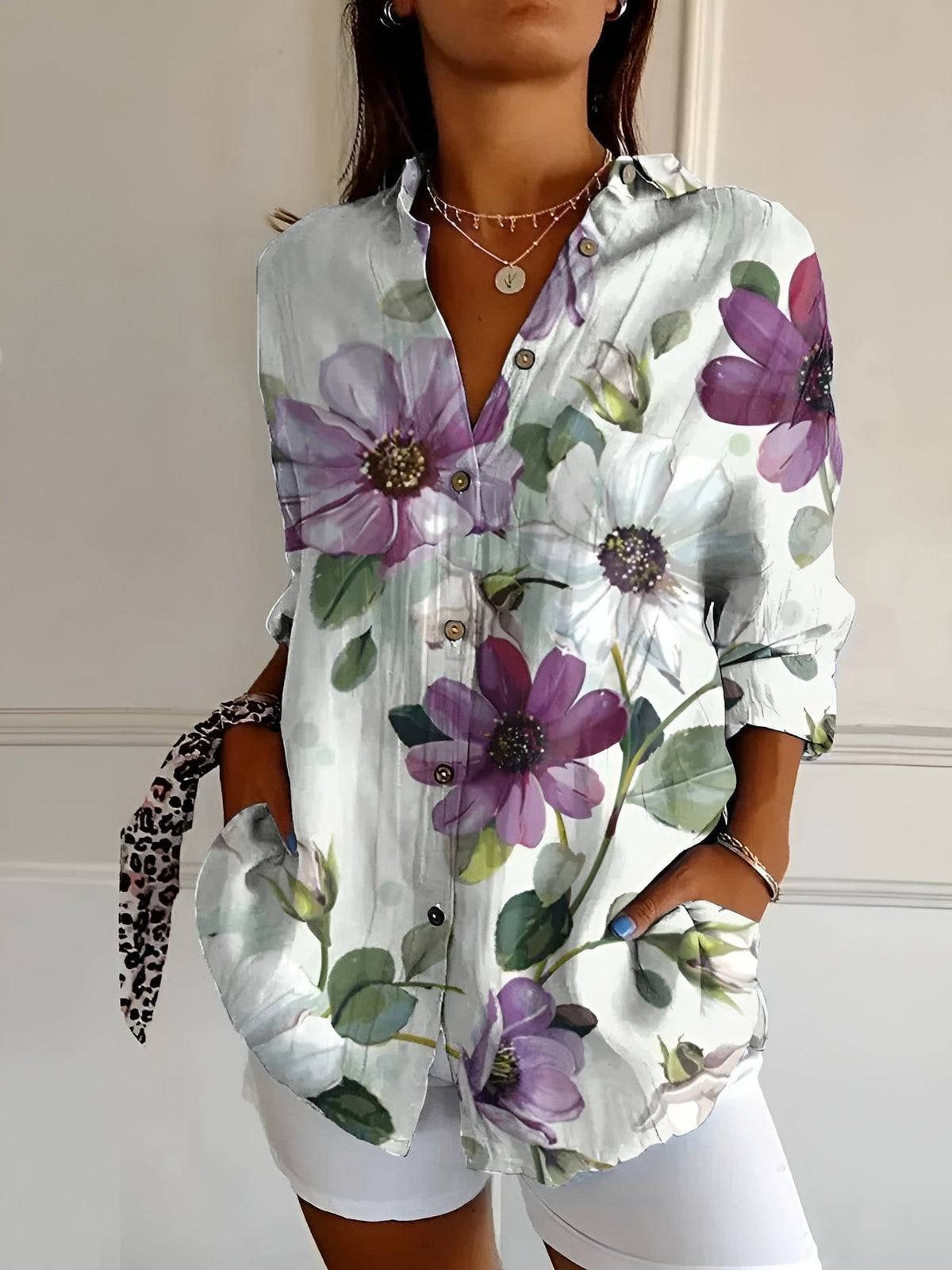 Split Neck Abstract Print for Women - Purple