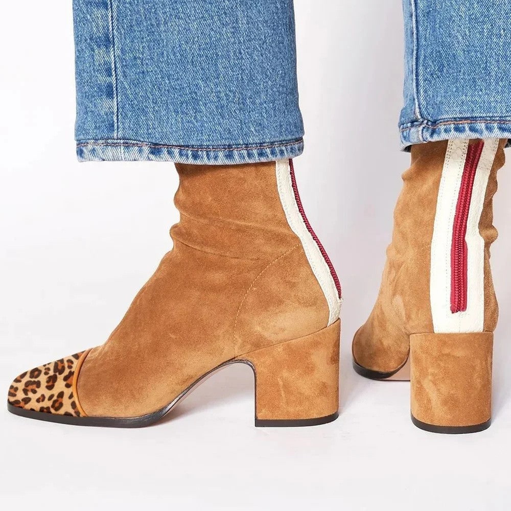 Square Toe Block Heel Boots for Women - Camel