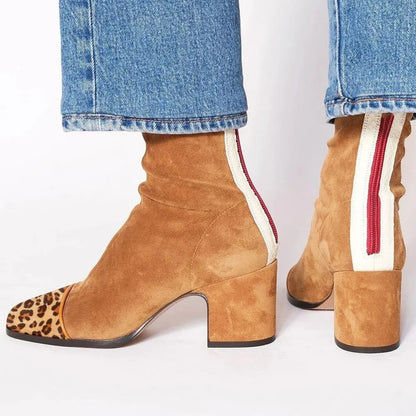 Square Toe Block Heel Boots for Women - Camel