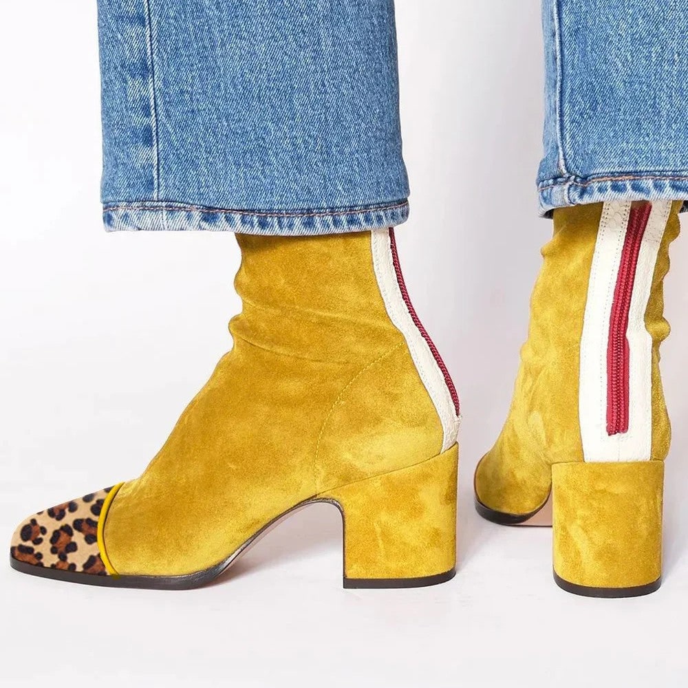 Square Toe Block Heel Boots for Women - Yellow