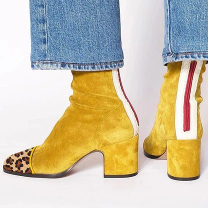 Square Toe Block Heel Boots for Women - Yellow