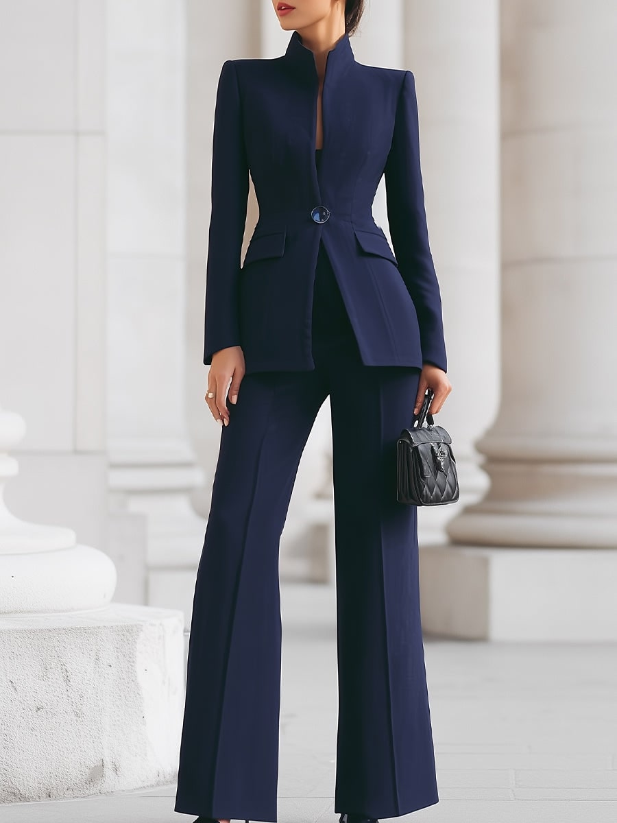 Stand Collar Single Button Blazer for Women - Blue