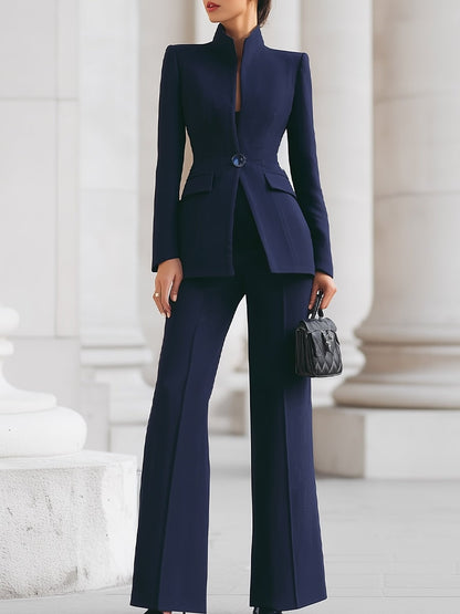 Stand Collar Single Button Blazer for Women - Blue