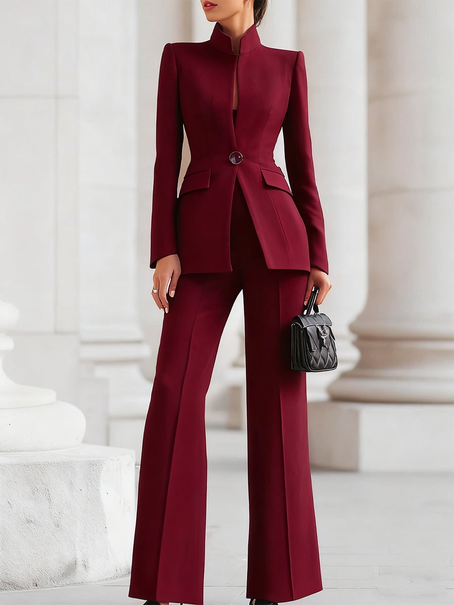 Stand Collar Single Button Blazer for Women - Burgundy