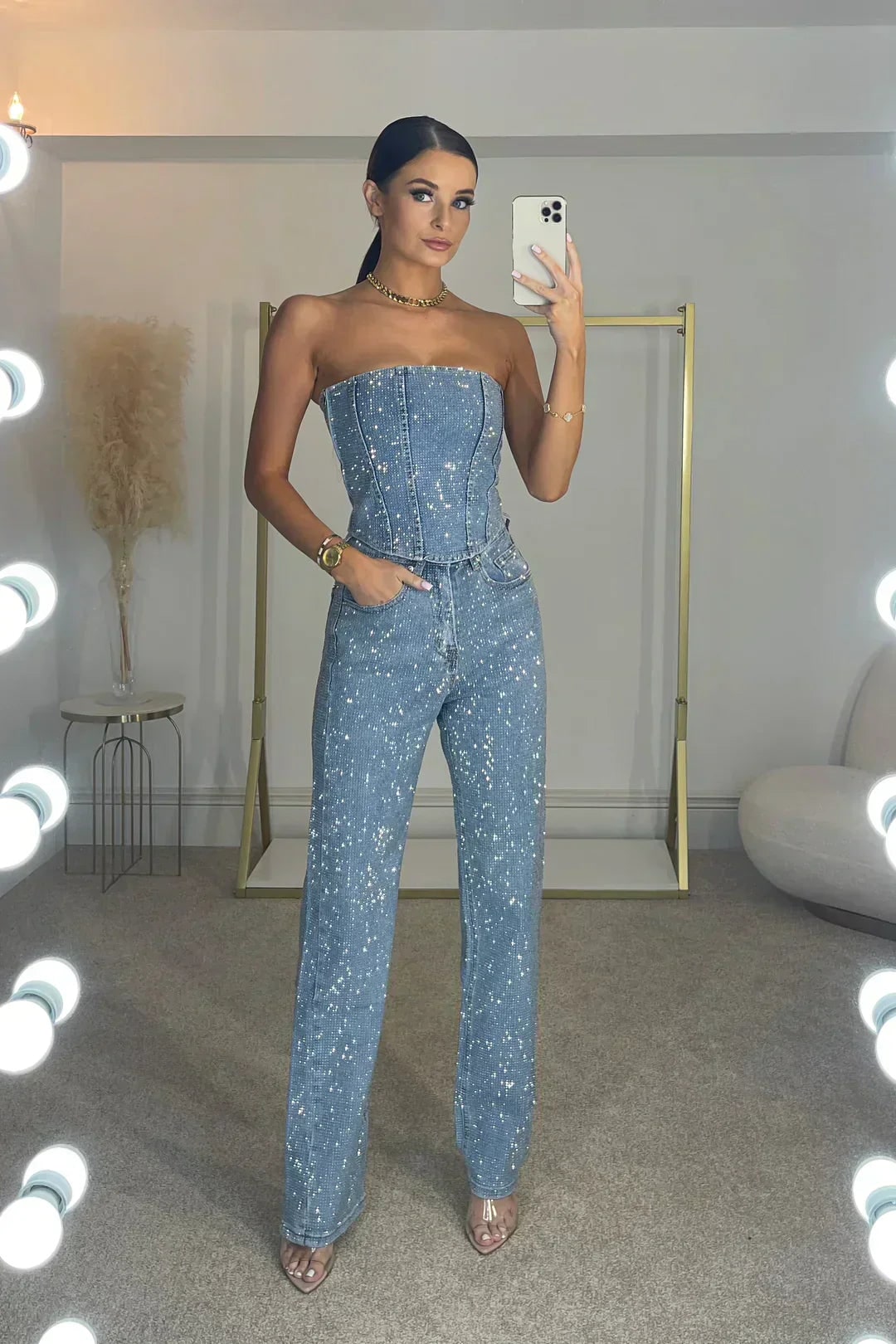 Strapless Sequin Jumpsuit for Women - Denim