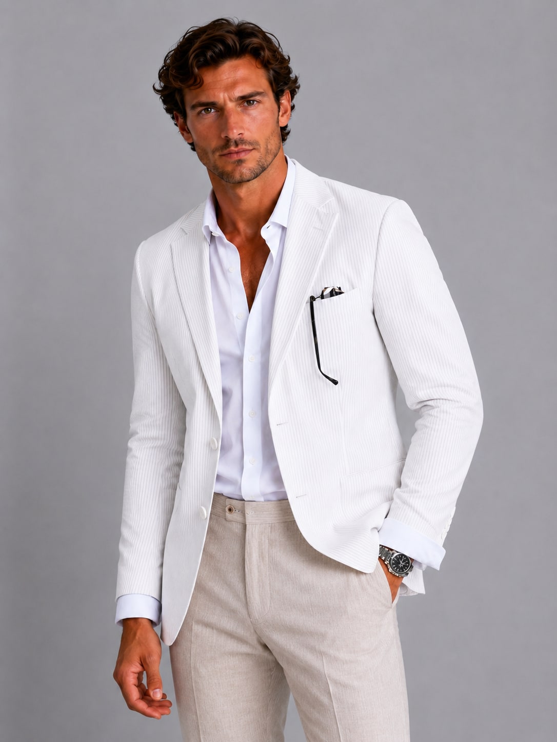 Striped Blazer for Men - White