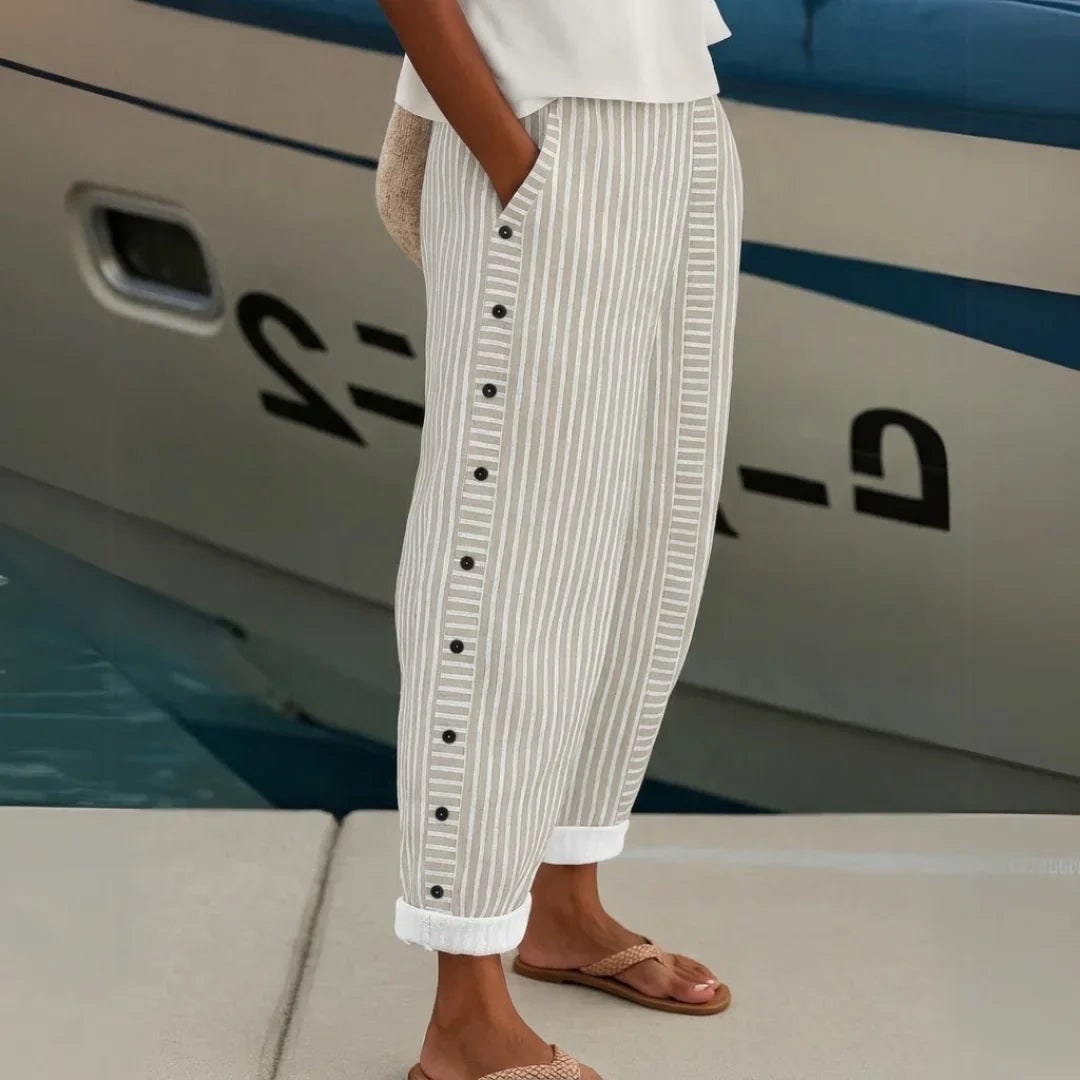 Striped Button Pant for Women - Beige