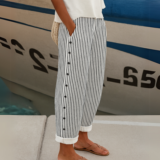 Striped Button Pant for Women - Black
