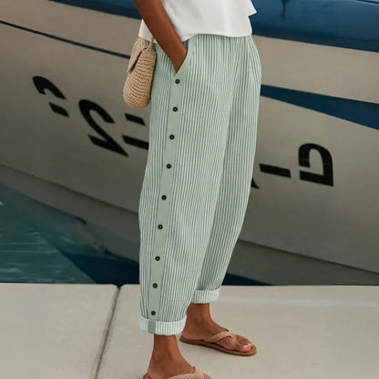 Striped Button Pant for Women - Sage Green