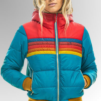 Striped Colorblock Quilted Puffer Jacket for Women - Light Blue