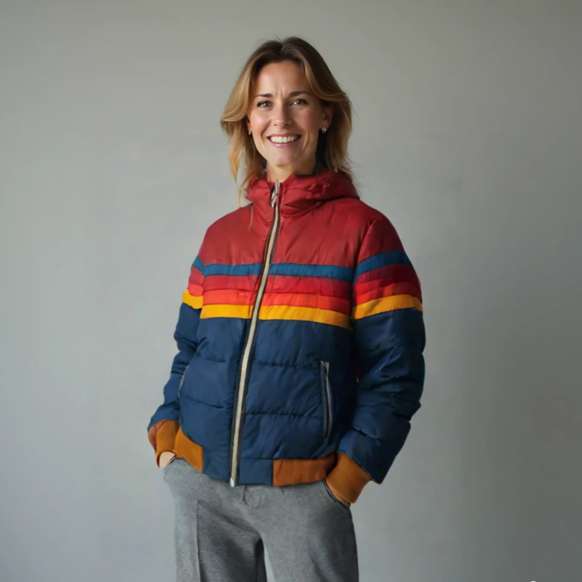 Striped Colorblock Quilted Puffer Jacket for Women