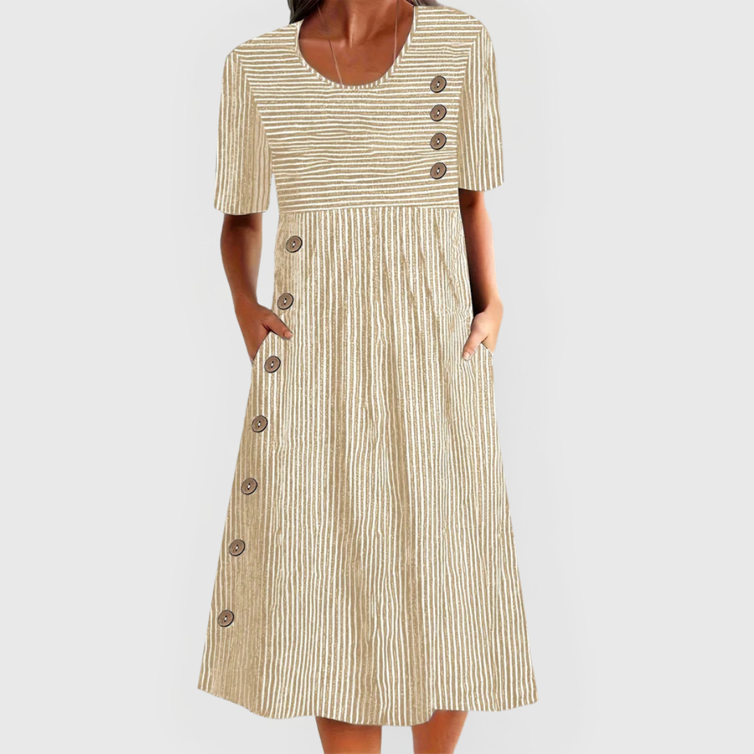 Striped Midi Dress - Beige