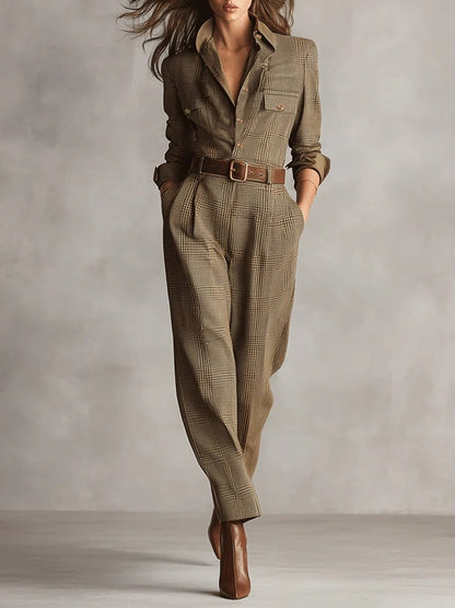 Tweed Utility Jumpsuit for Women - Brown