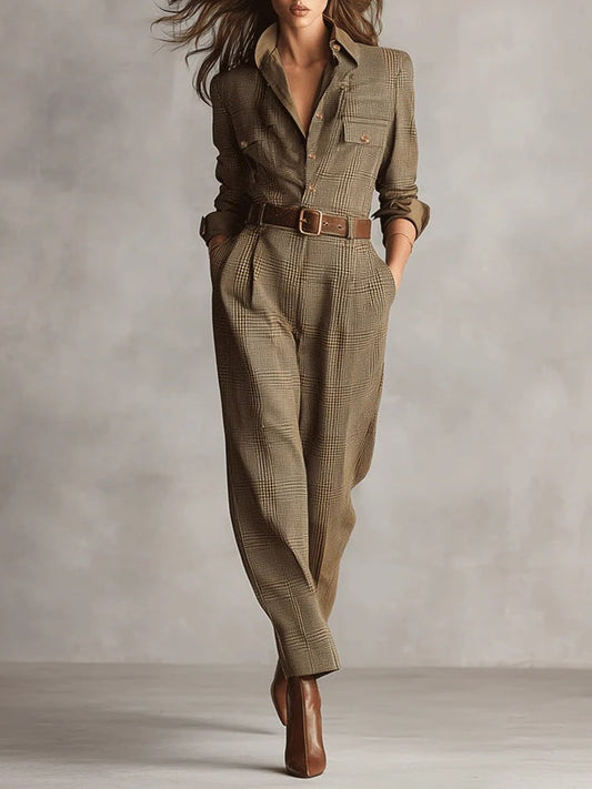 Tweed Utility Jumpsuit for Women - Brown