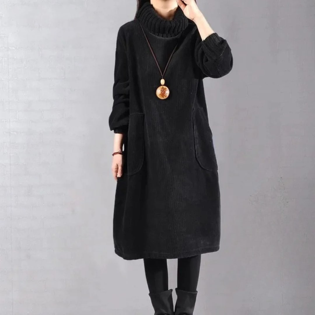 Ultra-Soft Cozy Turtleneck Winter Dress - Black