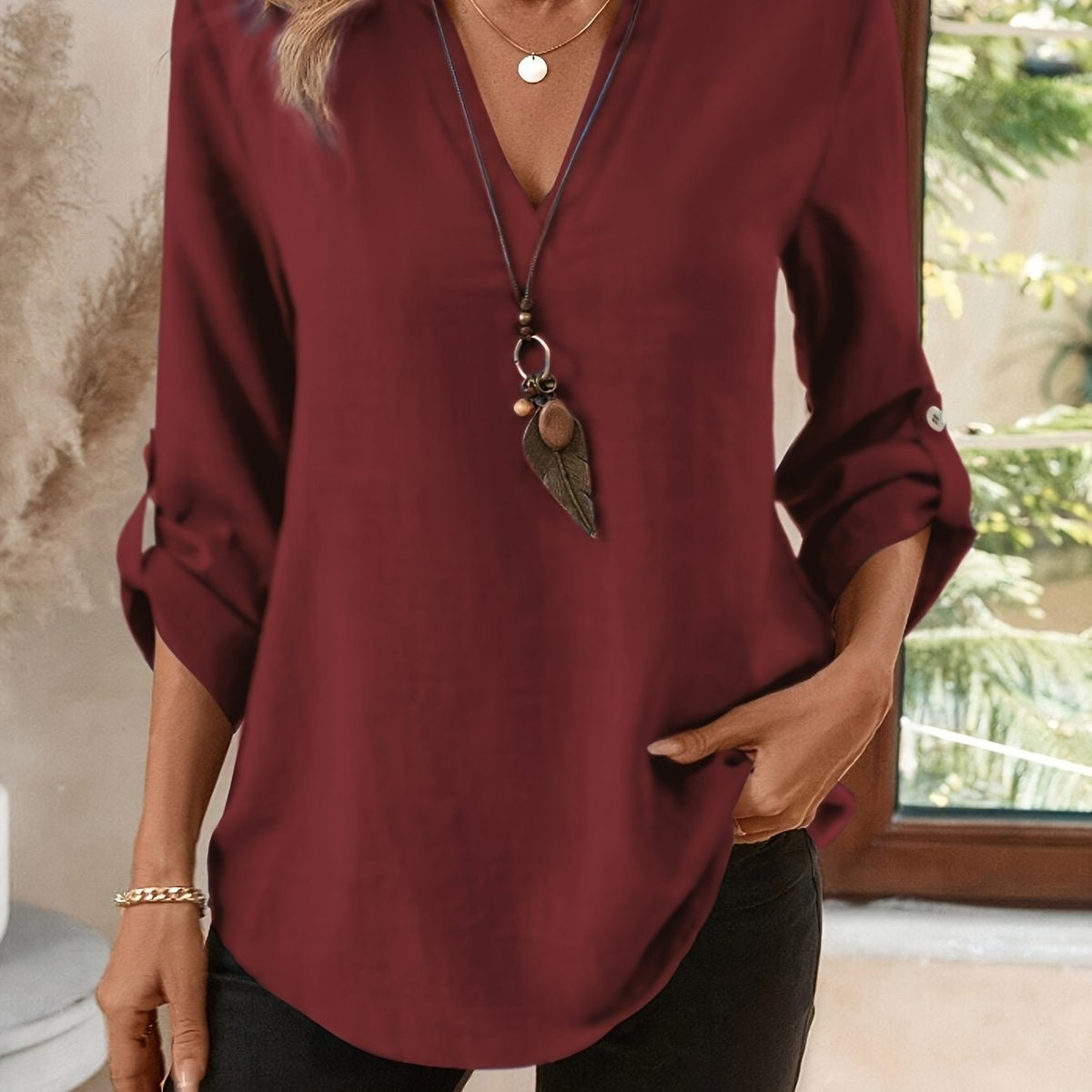 V-Neck Blouse for Women - Burgundy
