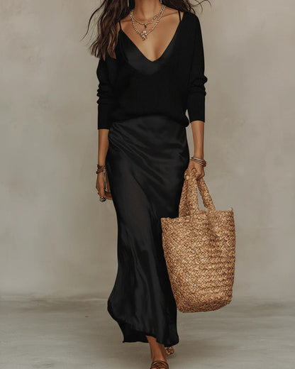 V-Neck Long Sleeve Maxi Layered Two Piece Set for Women - Black