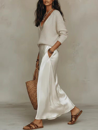 V-Neck Long Sleeve Maxi Layered Two Piece Set for Women