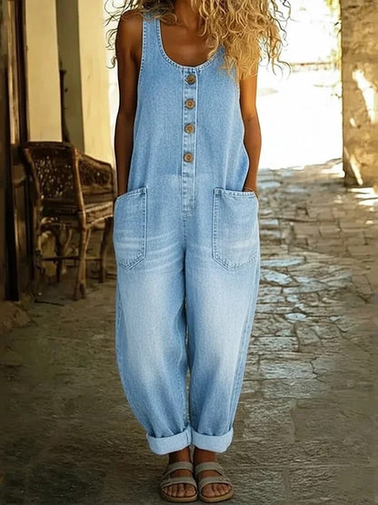 Vintage Washed Cotton Denim Overalls for Women - Light Blue