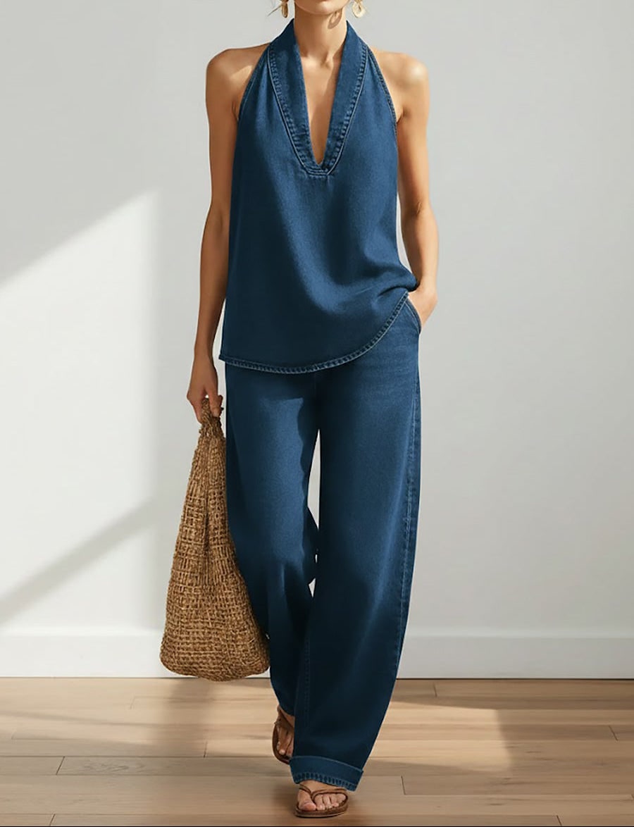 Vintage Washed Soft Denim-Look Two-Piece Set for Women - Blue