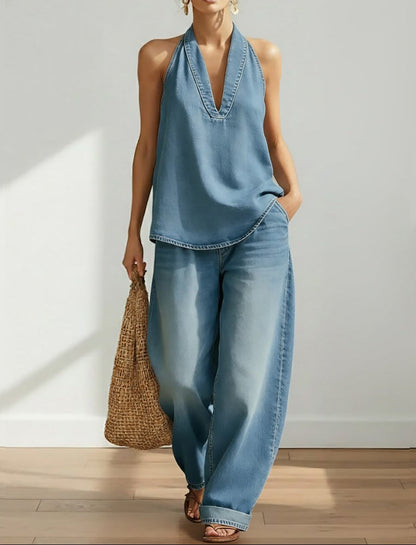 Vintage Washed Soft Denim-Look Two-Piece Set for Women
