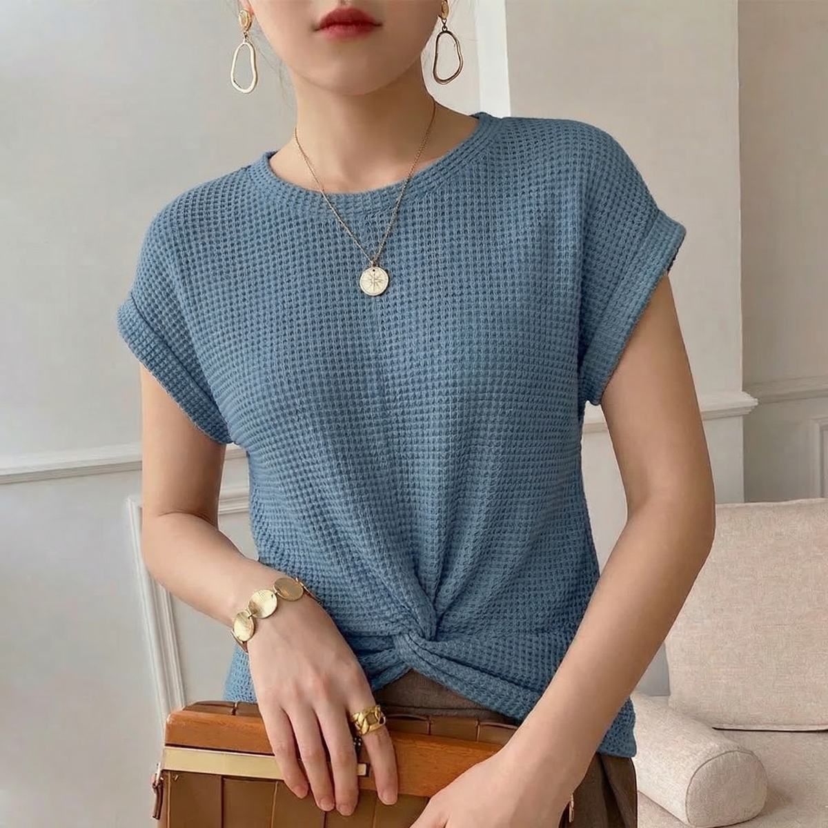 Waffle Knit Top for Women - Blue