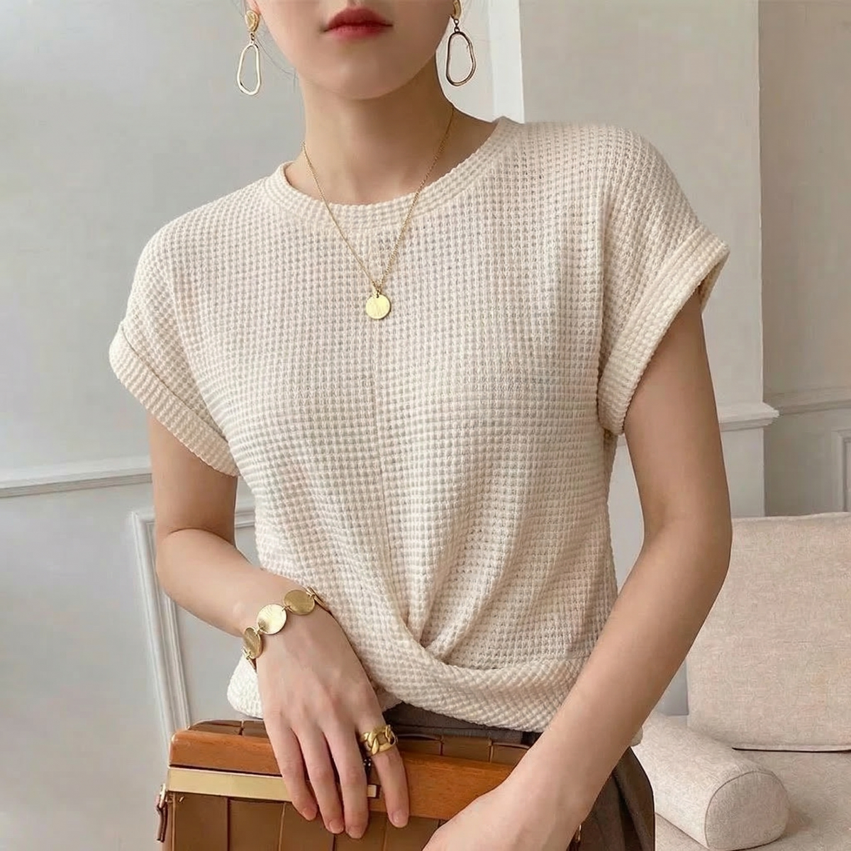 Waffle Knit Top for Women - Cream