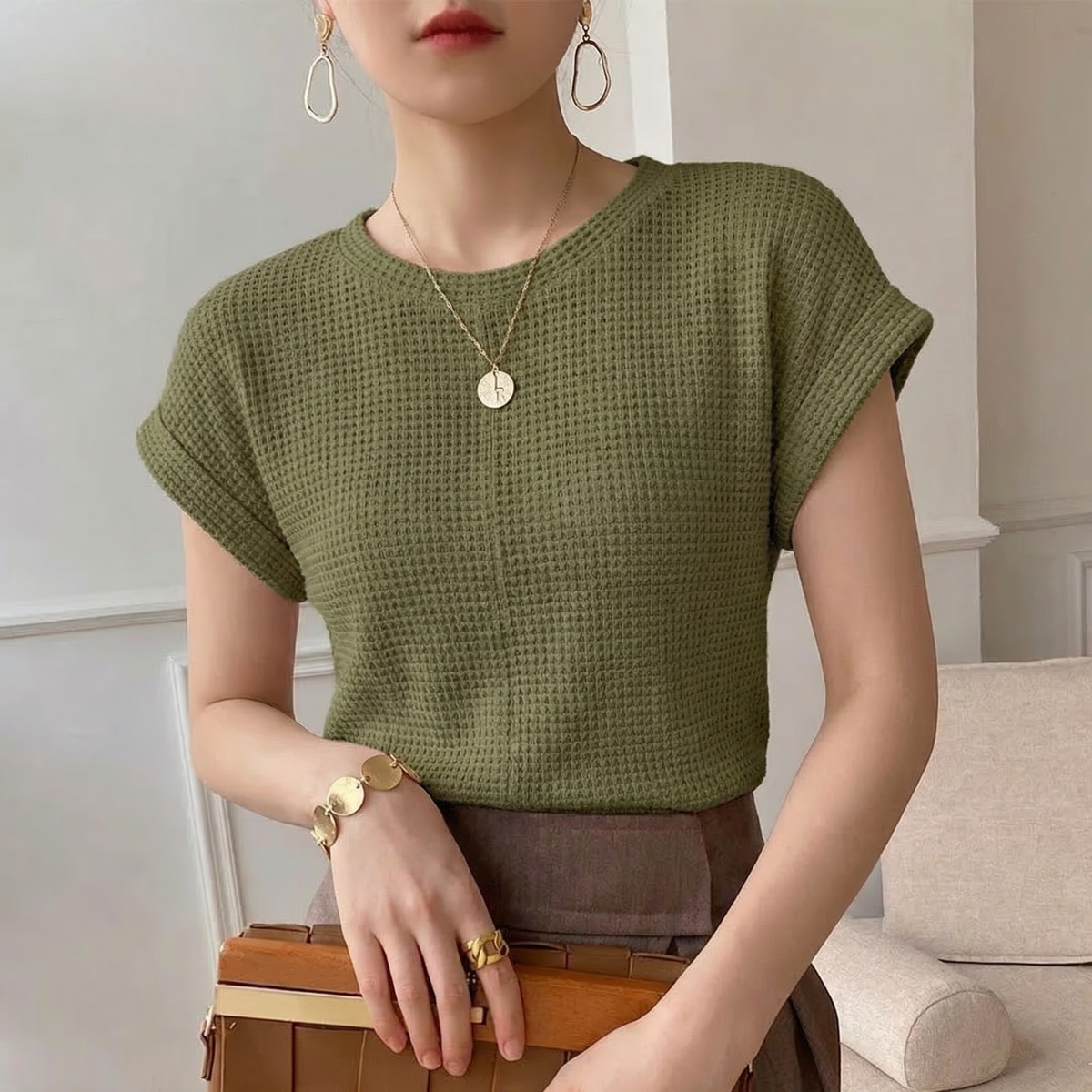 Waffle Knit Top for Women - Green