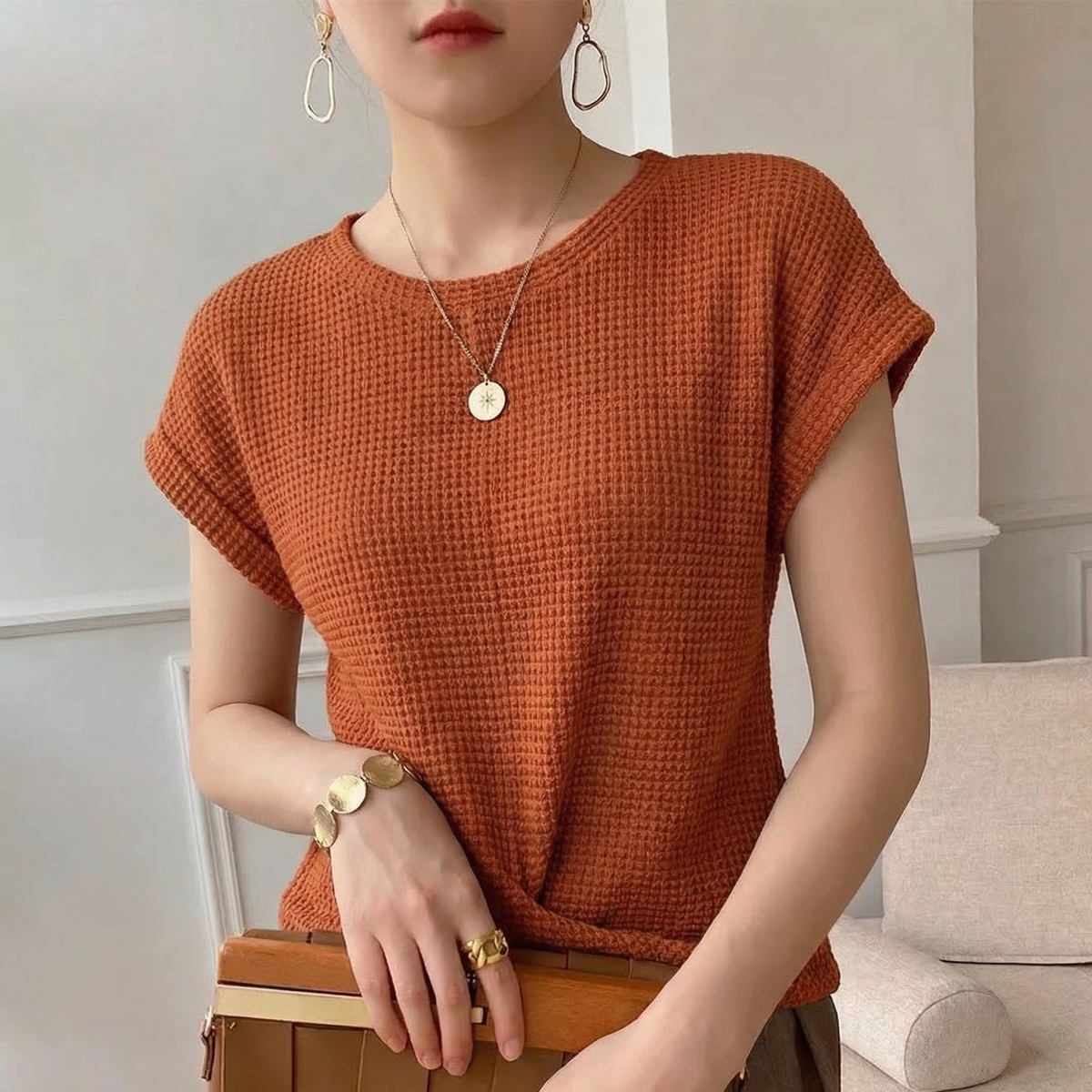 Waffle Knit Top for Women - Orange