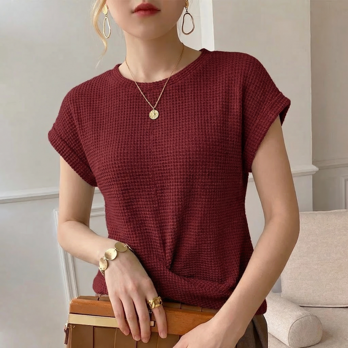 Waffle Knit Top for Women - Red