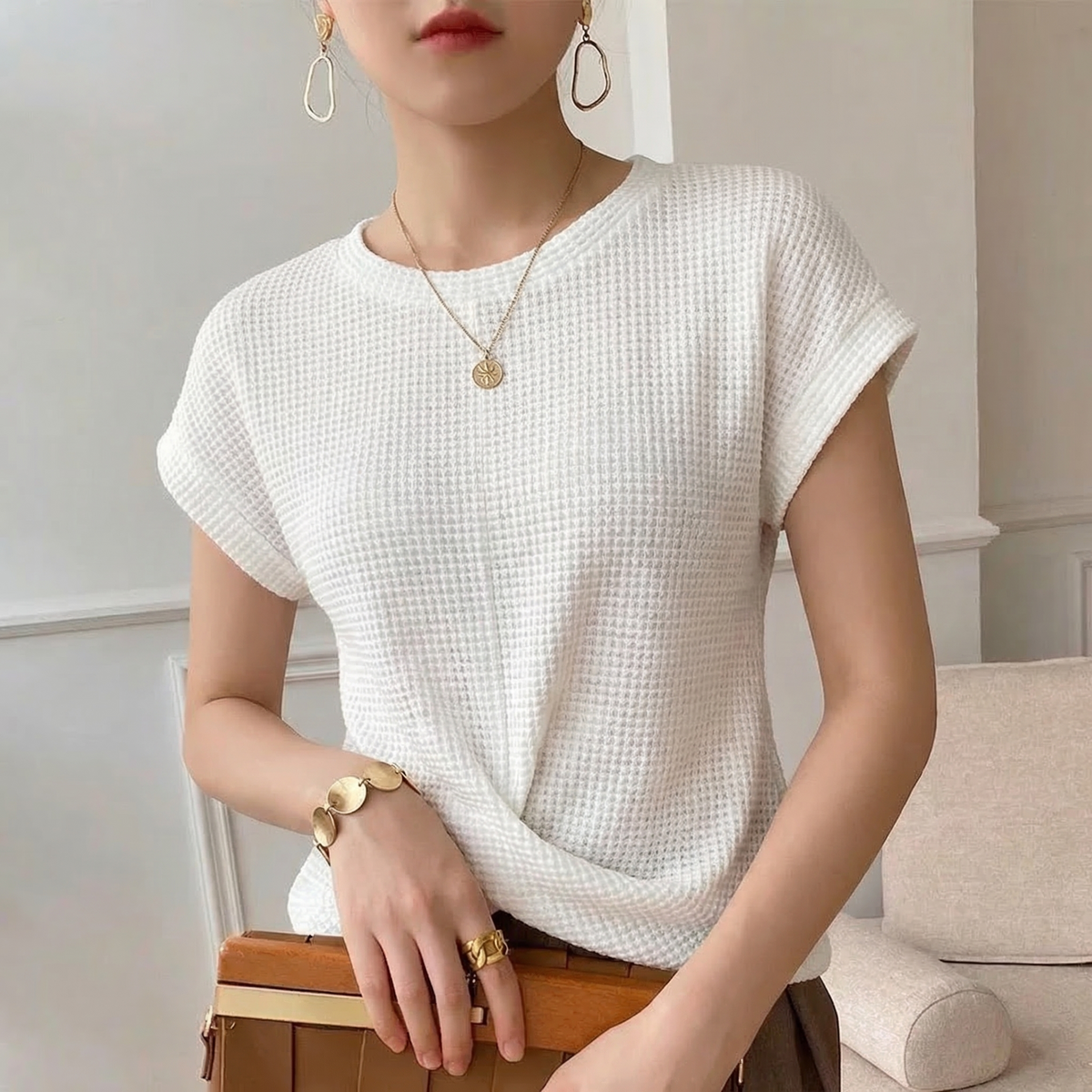 Waffle Knit Top for Women - White